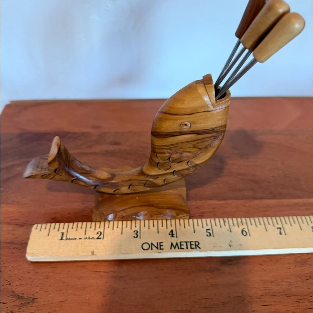 Wooden Whale fish Holder cocktail hors serving fork picker set‎ of 5